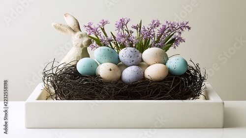 figurine. Easter decoration arrangement featuring pastel eggs in nest with spring flowers and decorative bunny on clean white surface. event programs.