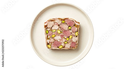 Obraz na plátně Gourmet meat terrine with pistachios on a plate on a transparent background