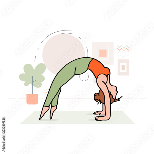Wheel Pose Yoga Backbend Illustration. Features a Woman Arching Her Body into an Inverted Bridge Supported by Her Hands and Feet. Colorful Vector Artwork.