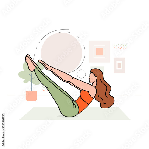 Boat Pose Yoga and Core Strengthening Exercise Illustration. Features a Woman Balancing on Her Hips with Both Legs Raised and Arms Extended Toward Her Feet. Colorful Vector Artwork.