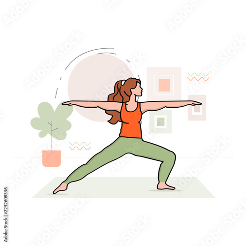 Warrior II Yoga Pose Fitness Illustration. Features a Woman Standing with Wide Legs, Bent Front Knee, and Arms Extended Horizontally. Colorful Vector Artwork.
