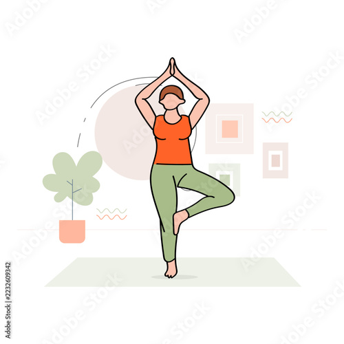 Tree Pose Yoga Balance Illustration. Features a Woman Standing on One Leg with the Other Foot Resting Against Her Inner Thigh and Hands Joined Overhead. Colorful Vector Artwork.
