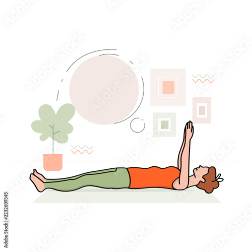Supine Yoga Stretch and Body Alignment Illustration. Features a Woman Lying on Her Back with Legs Extended and One Arm Raised Vertically. Colorful Vector Artwork.