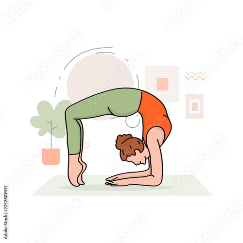 Standing Forward Fold Yoga Stretch Illustration. Features a Woman Bending Forward with Her Hands Reaching Toward the Floor and Legs Extended. Colorful Vector Artwork.