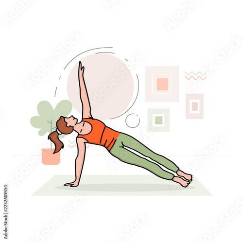 Side Plank Yoga Balance Pose Illustration. Features a Woman Supporting Her Body on One Arm with the Other Arm Raised Overhead. Colorful Vector Artwork for Core Strength