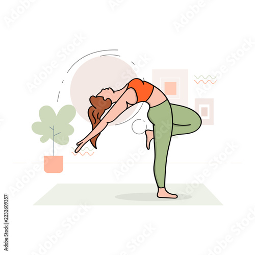 Standing Backbend Yoga Stretch Illustration. Features a Woman Bending Backward with Extended Arms to Improve Spinal Mobility and Body Flexibility.