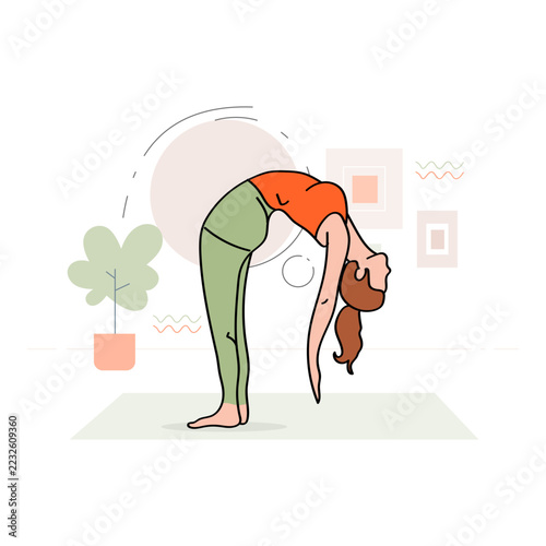Standing Forward Bend Yoga Pose Illustration. Features a Woman Folding Her Upper Body Toward Her Legs with Hands Reaching Downward.