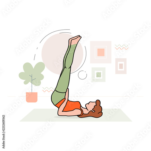 Shoulder Stand Yoga Inversion Illustration. Features a Woman Lying on Her Shoulders with Both Legs Extended Vertically Upward.