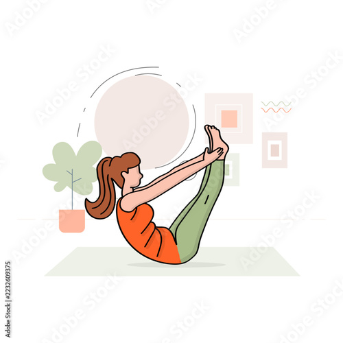 Seated Boat Pose Yoga Exercise Illustration. Features a Woman Balancing on Her Sitting Bones While Holding Her Raised Feet.