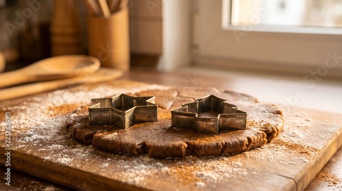 Gingerbread dough with star and tree cutters on a wooden kitchen board