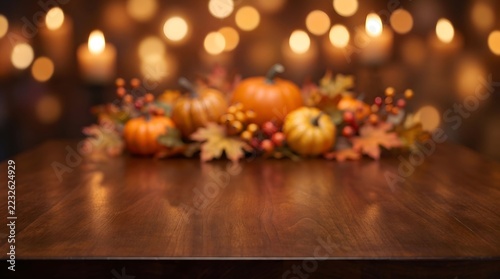 Orange pumpkins and autumn leaves on wooden table with warm candle bokeh background