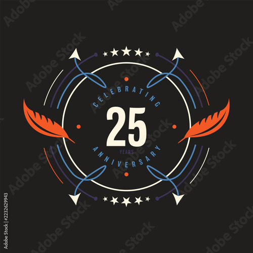 25 Years Anniversary Celebration Emblem with Feather Ornaments, Stars and Retro Circular Design Vector