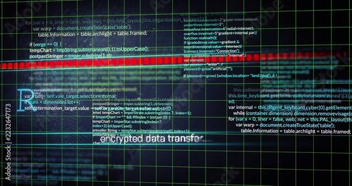 Showing network HUD pulsing on terminal, with green grid, red waveform, encrypted data transfer