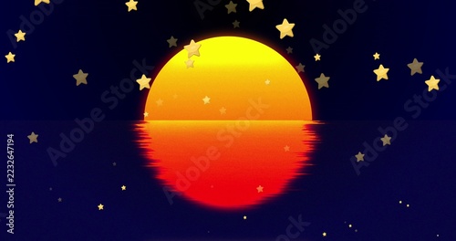 Glowing semicircular sun hovering on horizon over calm sea, showing red reflection and gold stars