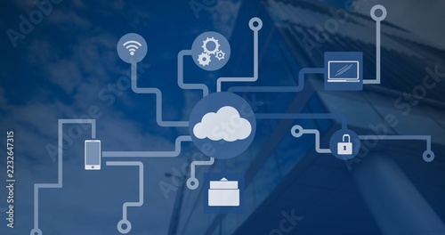 Displaying central cloud node network over glass tower facade, showing wifi and padlock icons
