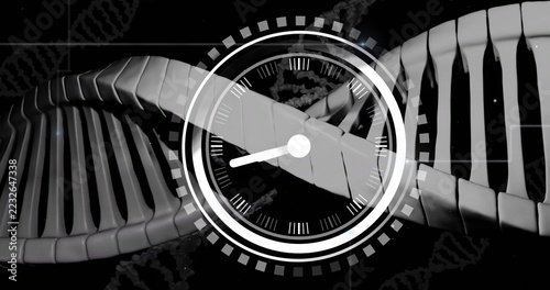 Displaying stylized double helix with central circular analog clock overlay at center, showing HUD
