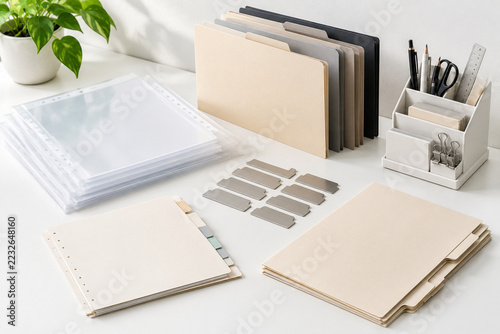 A minimalist office organization concept featuring transparent document sleeves, blank file folders in neutral colors, metal index tabs, paper dividers and a compact desktop organizer, arranged neatly