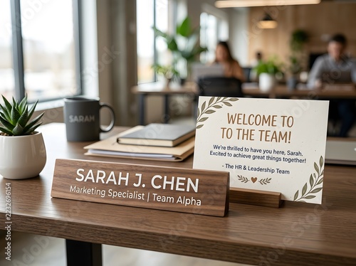 Job Search and Recruitment Agency Banner with HR Team, Resume Evaluation, Welcome Sign and Corporate Desk Setup