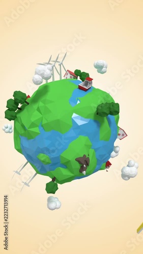 Vertical video: Globe cracking planet forming land trees homes mills boat plane circling to show