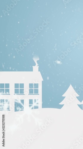 Vertical video: Snow starting glowing flakes moving over papercut house, smoke rising