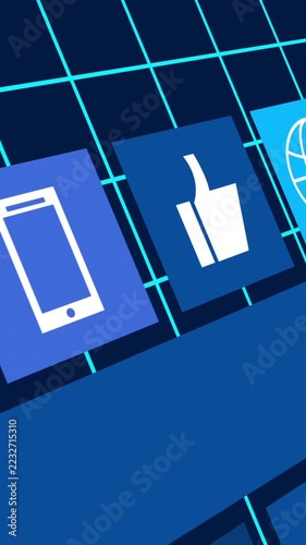 Vertical video: 3D tile row starting center-left, sliding and rotating while cycling icons for UI