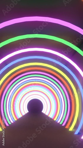 Vertical video: At start teal shift, neon arches cycling, pulsing, drawing eye to circular opening