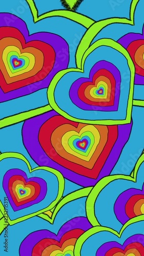 Vertical video: Color pulse driving concentric hearts shifting and cycling hues for looping pattern