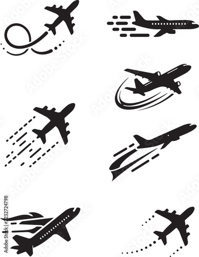 Black airplane vector icons set featuring flight paths and motion