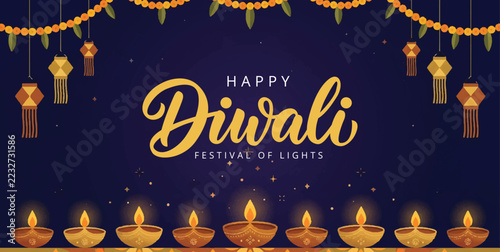 Happy Diwali vector background design with glowing diya oil lamps, mandala ornament, and golden decorative frame. Elegant Deepavali festival banner template with copy space for greeting card 