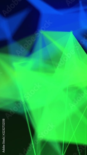Vertical video: Blue triangle appearing neon green blue triangles rising morphing linking cycling