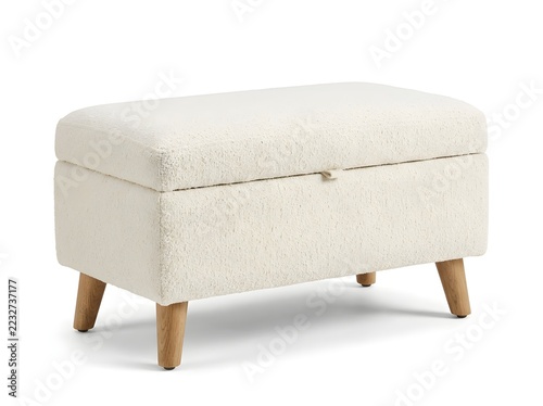 Modern White Boucle Storage Bench with Lift-Up Upholstered Seat and Wooden Legs on White Background