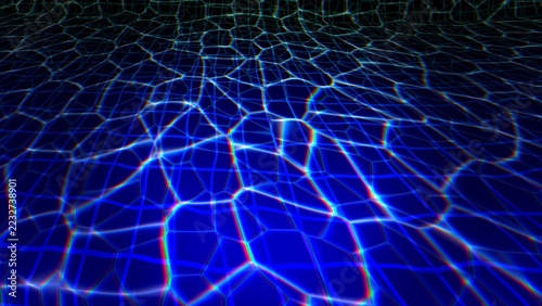 Glowing blue caustic grid in perspective fading into a dark horizon