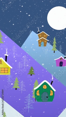 Vertical video: Pan starting moonlit slope emerging homes popping snowing smoke rising
