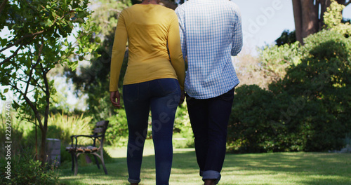 Rear view of african american couple holding hands and walking in sunny garden