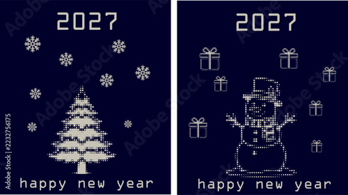 Happy New Year 2027 Greeting Cards with Snowflakes and Snowman
