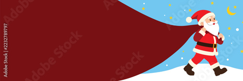 Santa Claus Running With Giant Red Gift Bag Christmas Banner Design With Snowy Night Sky Stars Moon And Seasonal Holiday Greeting Background Vector Illustration