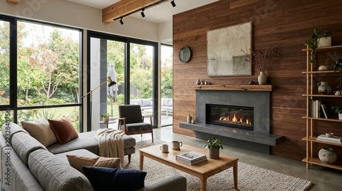 Modern Living Room with Fireplace Large Windows and Natural Wood Accents Cozy Home Interior