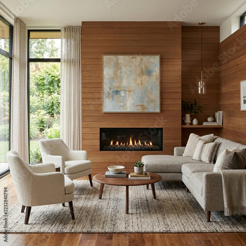 Modern Living Room with Fireplace Neutral Tones Cozy Ambiance Contemporary Design Natural Light Wood Paneling