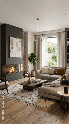 Modern living room with fireplace sectional sofa coffee table and large window overlooking garden