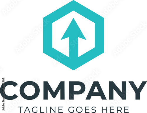 Modern business logo featuring turquoise geometric hexagon and upward pointing arrow symbol for corporate branding strategy growth and digital marketing enterprise success concept vector illustration