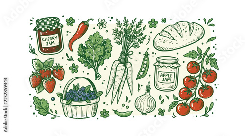 Watercolor painting of fresh vegetables fruits and bread in a vintage style