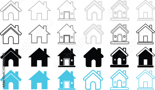 Home Symbols. Modern House Vector Icons in Outline, Filled, Black and Cyan Styles for Property Branding and UI Design