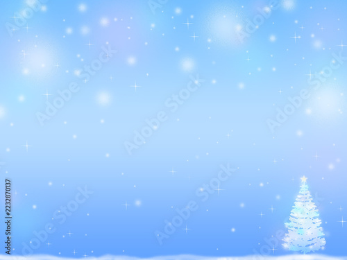 Sky blue Christmas background with falling snow, glitter stars and small white Christmas tree