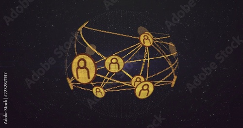 Rotating dotted wireframe globe floating in starry space, linking glowing golden avatar nodes