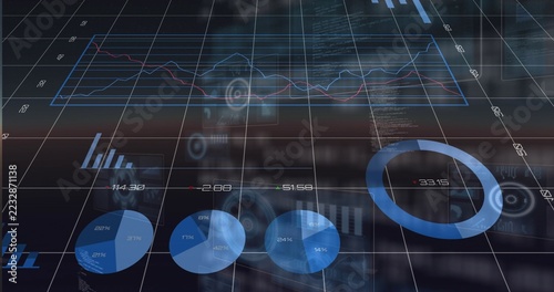 Displaying futuristic dashboard floating on grid, showing large line, donut, pie charts and HUD