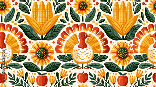 Seamless pattern with turkey bird, apple, sunflower, corn, Thanksgiving concept, flat design