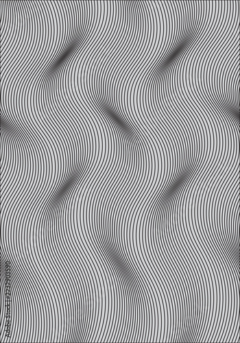 Abstract seamless pattern with wavy black lines creating an optical illusion of depth and movement on a gray background.