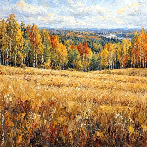 A vibrant landscape showcases a field of golden grass and colorful autumn trees beneath a cloudy sky in impasto paint strokes