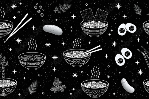 Monochrome ramen pattern with noodle bowl, chopstick, egg, and steam on seamless black surface creates playful food illustration with white line art