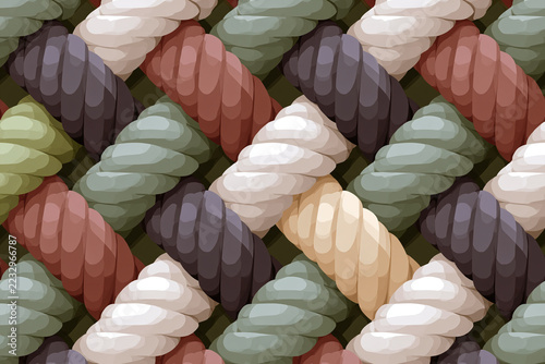 Minimal symbolic textile pattern with overlapping braided fabric forms in muted colors, creating seamless decorative surface design with layered woven appearance